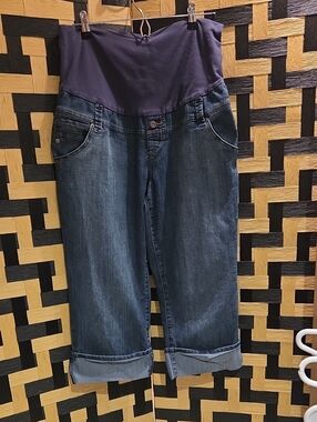 Thyme Maternity Dark Blue Denim Cropped Jeans with Navy Waistband